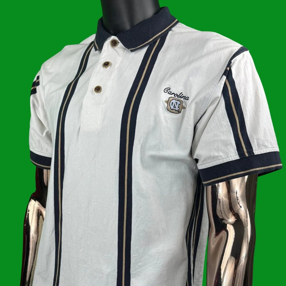 VTG J. America North Carolina Tar Heels Striped Polo w/ Embroidered Crest Logo